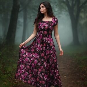 Vintage Jody of Cali‎ Maxi Dress Pink Floral Black Boho 90s Y2K Size S USA